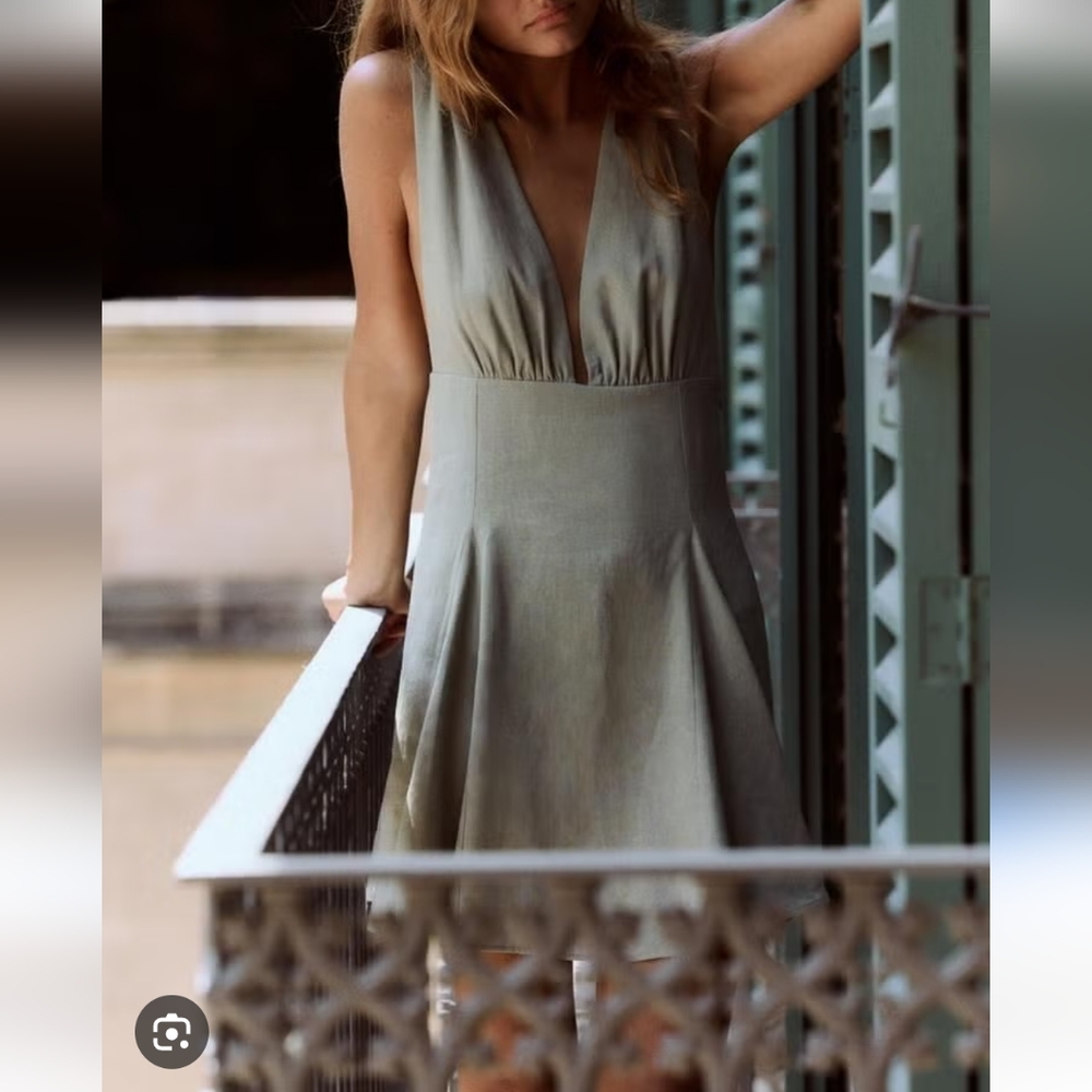 Zara Olive Green Deep V-Neck Mini Dress